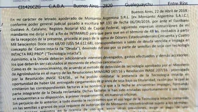 Lo intimaron a pagar US$ 54 mil en regalías por el canon de la soja Intacta y se destapó la polémica